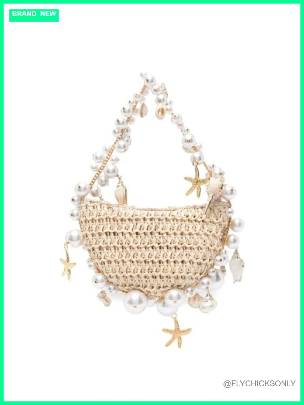 Handmade Straw Beach Bag with Shells and Pearls, Half Moon Tote